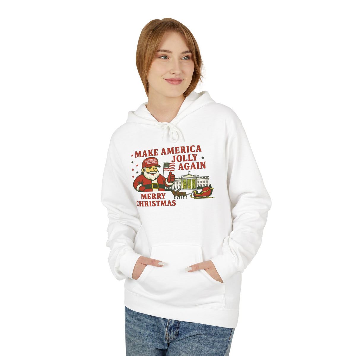Make America Jolly Again Christmas Hoodie — Santa & White House Holiday Sweatshirt