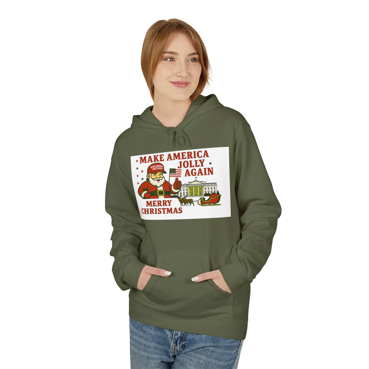 Make America Jolly Again Christmas Hoodie — Santa & White House Holiday Sweatshirt