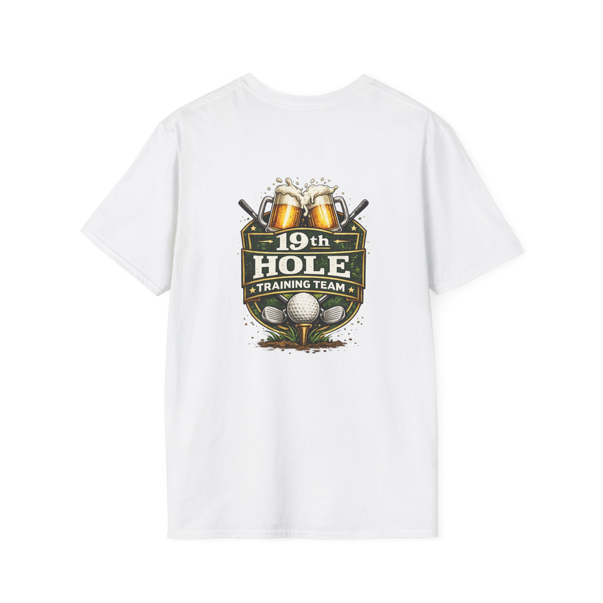 19th Hole Training Team T-Shirt | Golf Logo, Beer Cheers, Golf Ball & Clubs