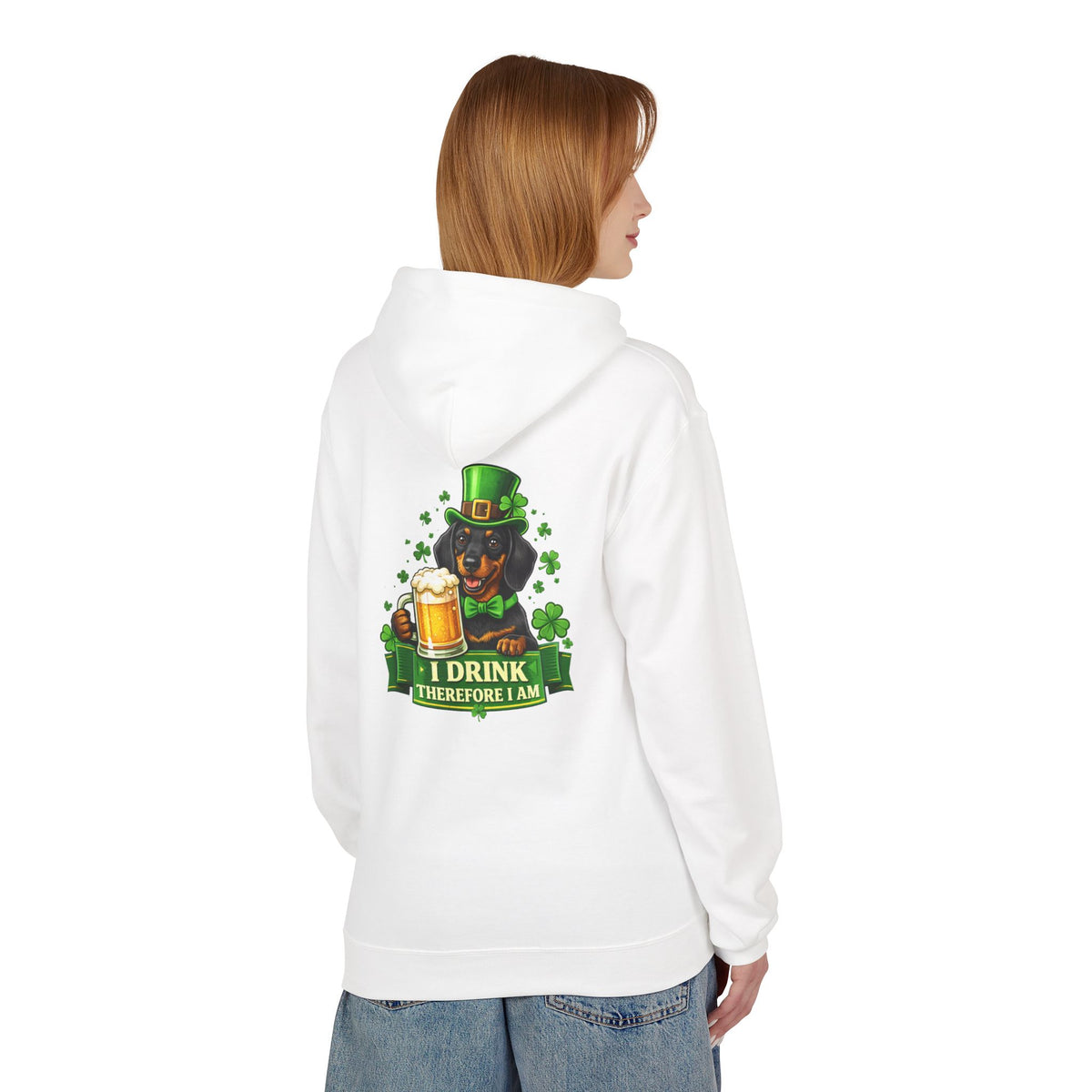 St. Patrick’s Dachshund Hoodie - “I Drink Therefore I Am” Beer Leprechaun Design