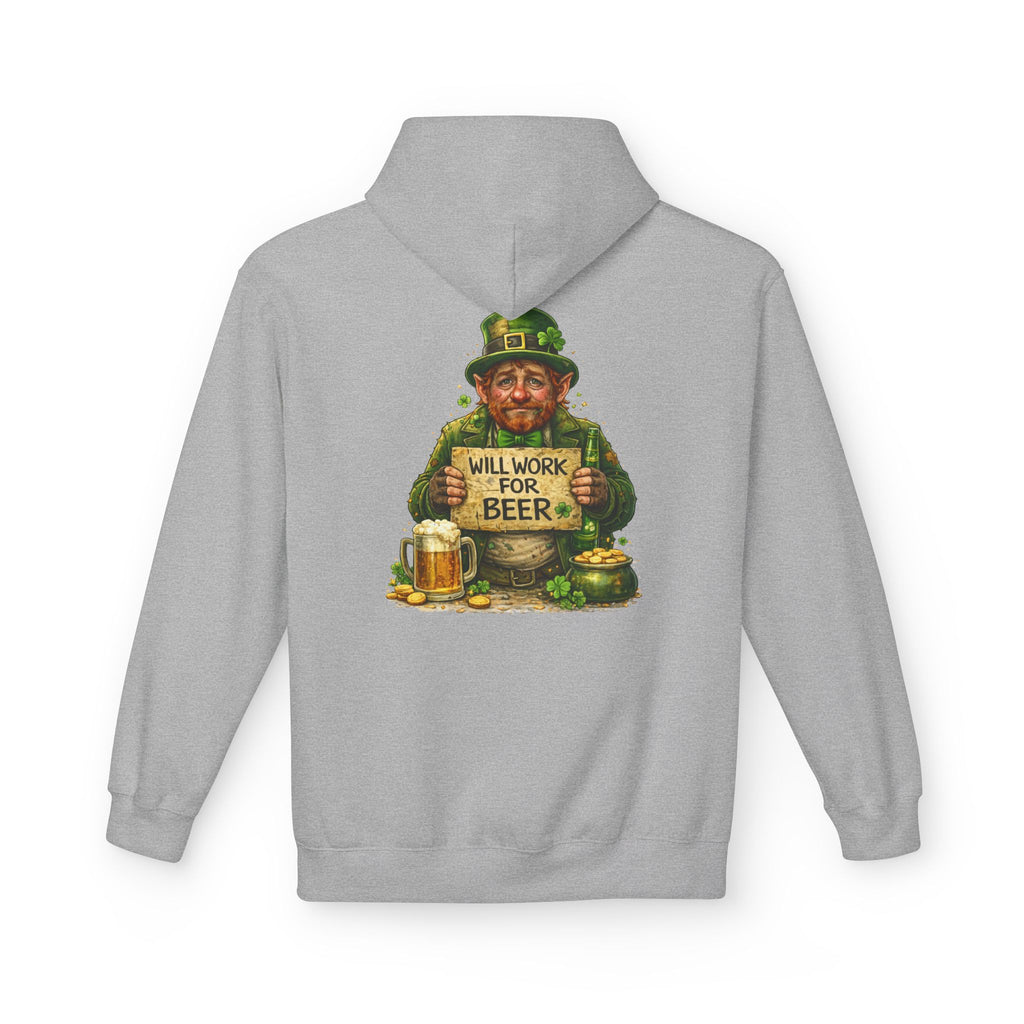 St. Patrick's Leprechaun Hoodie — "Will Work For Beer" Shamrock Graphic
