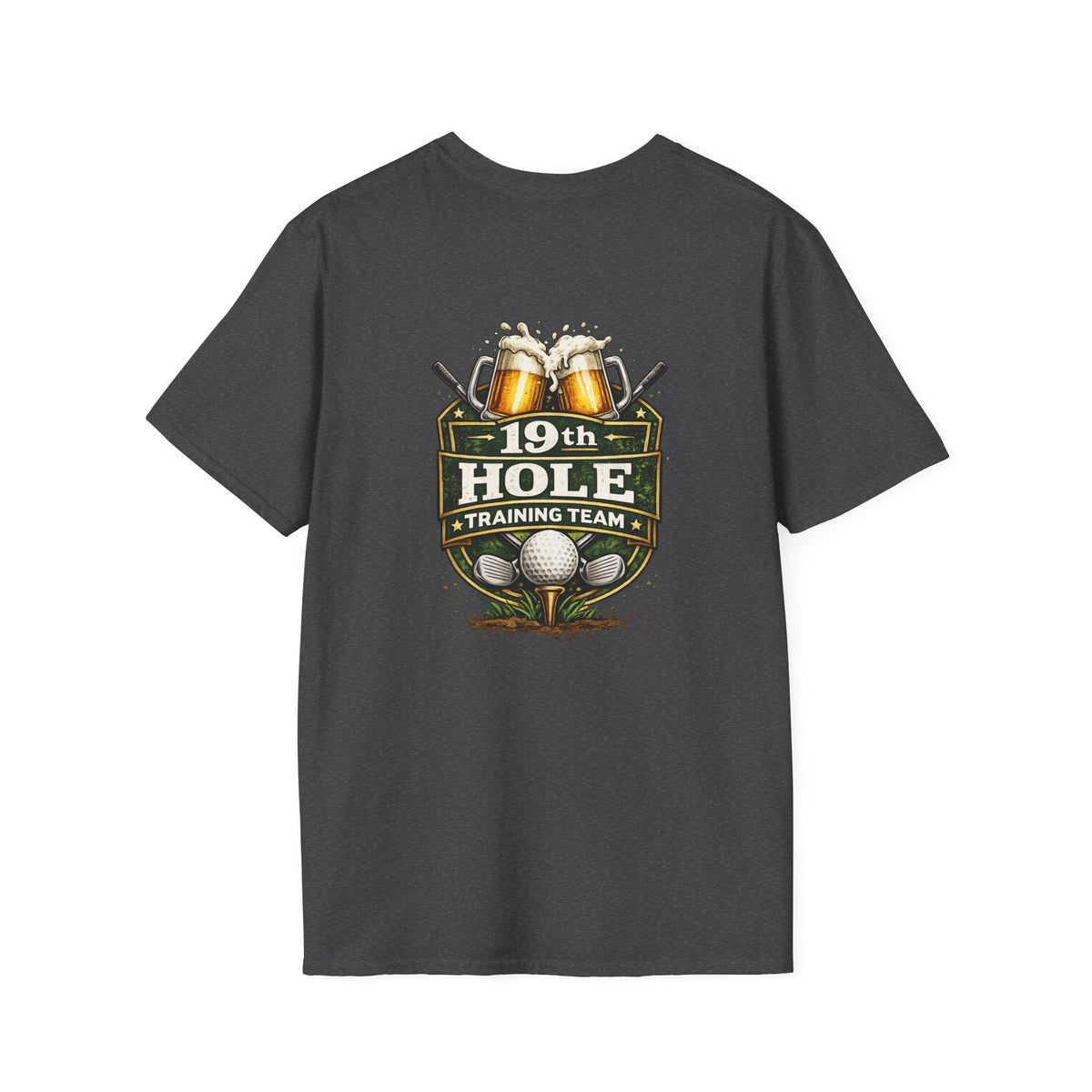 19th Hole Training Team T-Shirt | Golf Logo, Beer Cheers, Golf Ball & Clubs