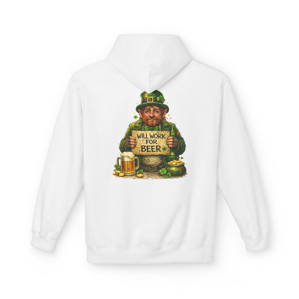 St. Patrick's Leprechaun Hoodie — "Will Work For Beer" Shamrock Graphic