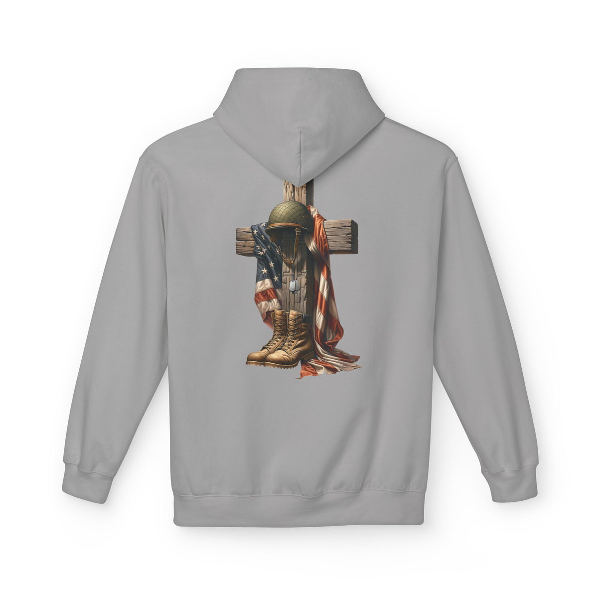 Military Memorial Cross Hoodie | Flag, Helmet & Boots Patriotic Design