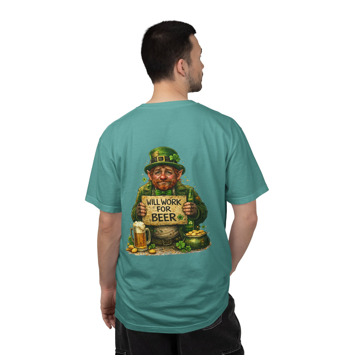 T-Shirt — "Will Work For Beer" Leprechaun St. Patrick's Day Tee