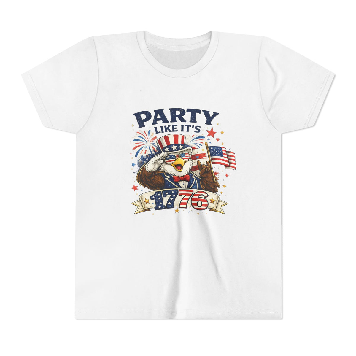 Party Like It's 1776 Youth Tee | Bald Eagle, American Flag, Fireworks