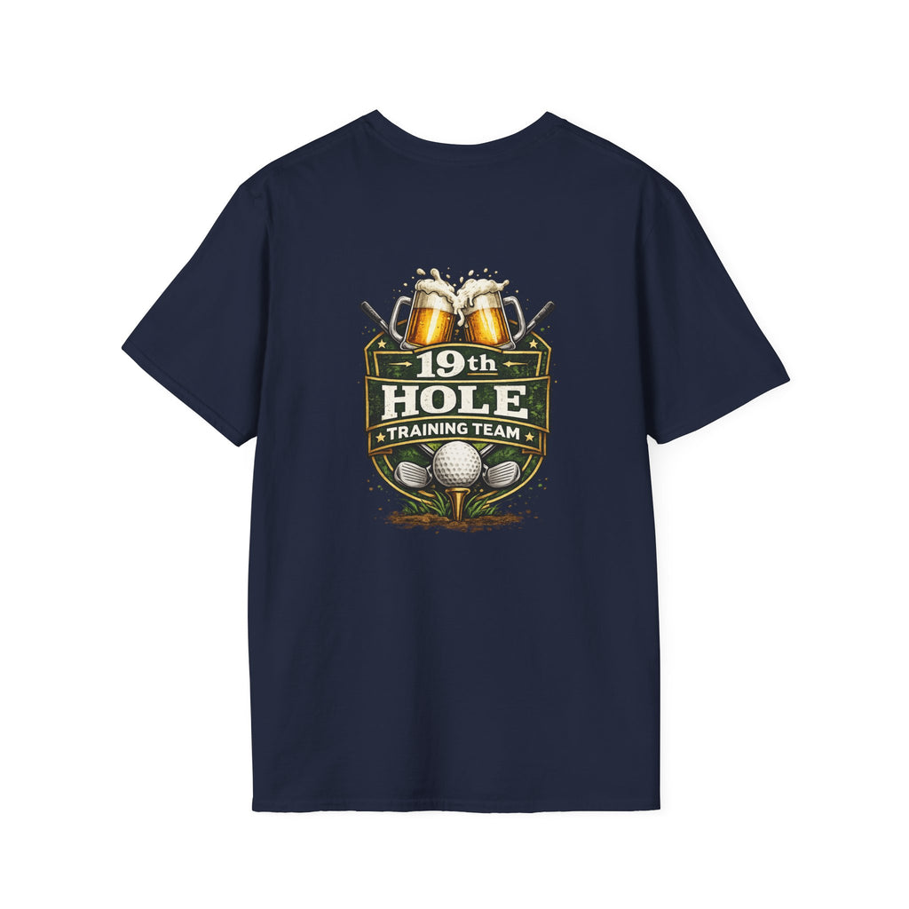 19th Hole Training Team T-Shirt | Golf Logo, Beer Cheers, Golf Ball & Clubs