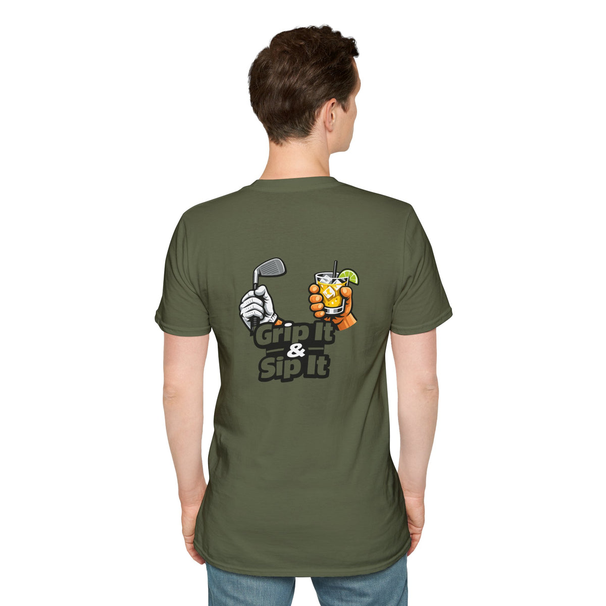 Grip It & Sip It Golf T-Shirt | Golf Club and Cocktail Graphic