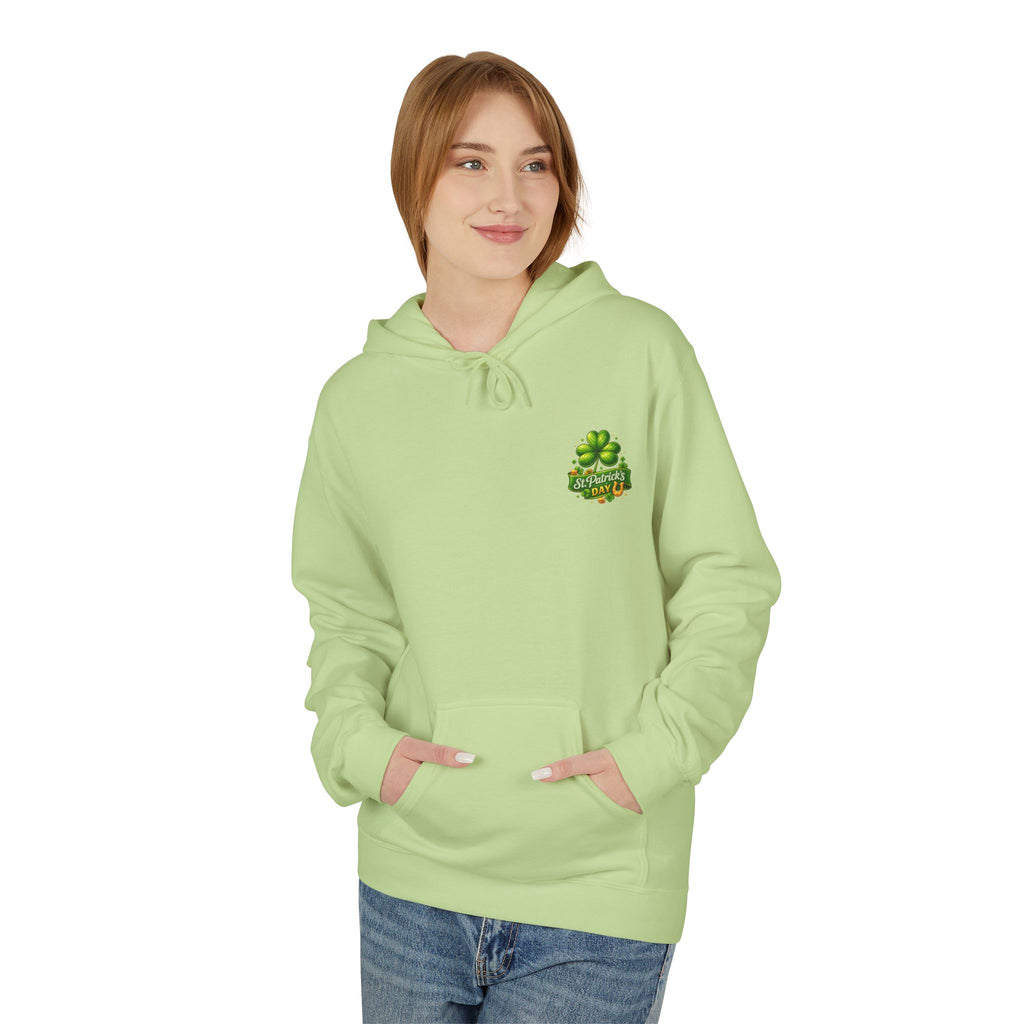 St. Patrick's Leprechaun Hoodie — "Will Work For Beer" Shamrock Graphic