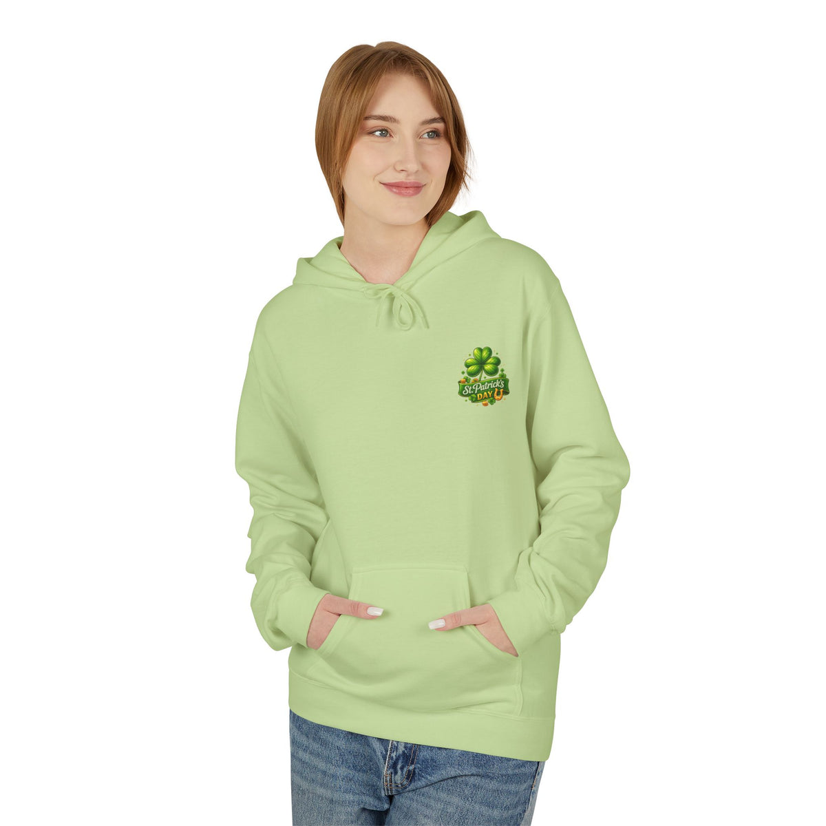 St. Patrick's Leprechaun Hoodie — "Will Work For Beer" Shamrock Graphic