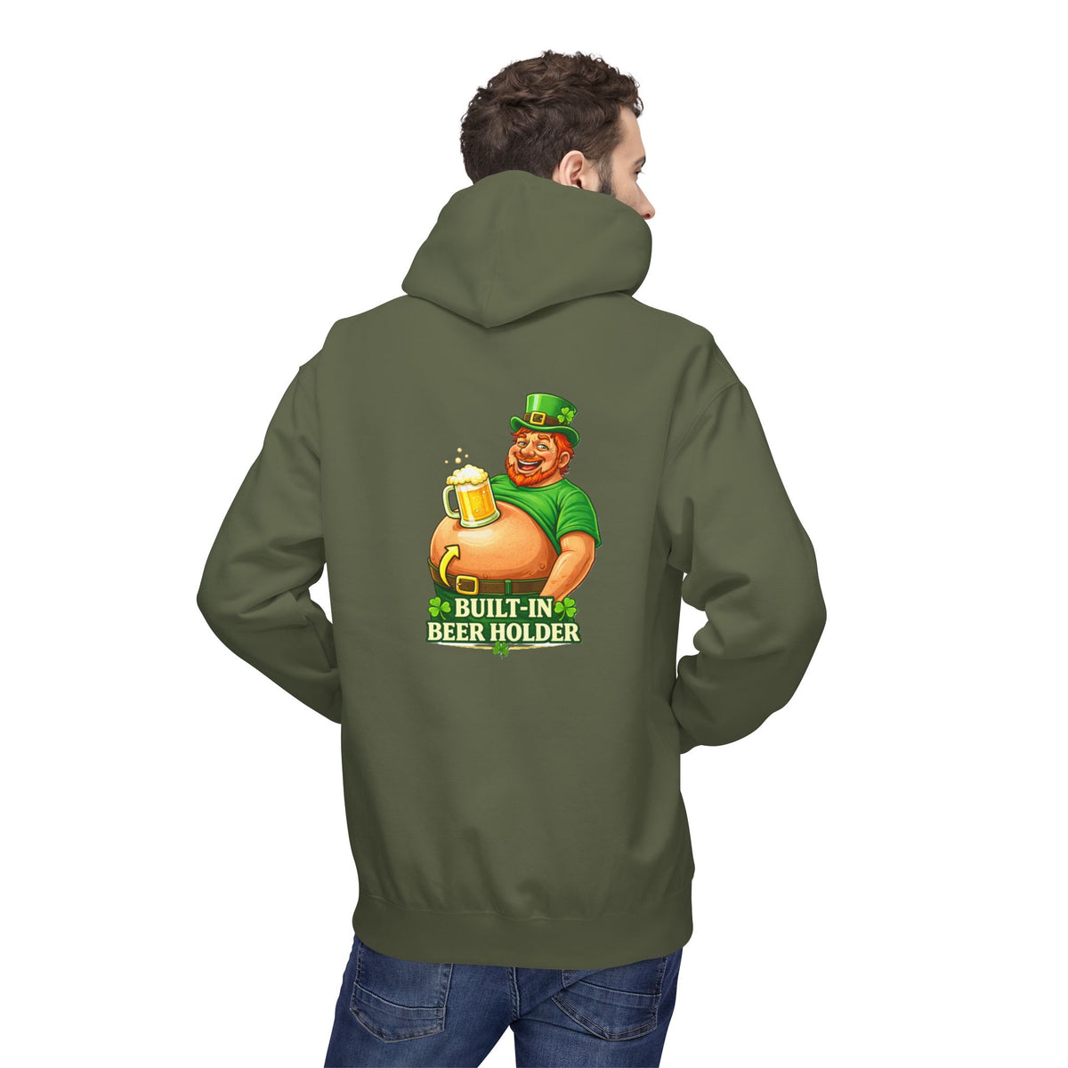 St. Patrick's Day Hoodie — 'Built-In Beer Holder' Leprechaun Beer Graphic