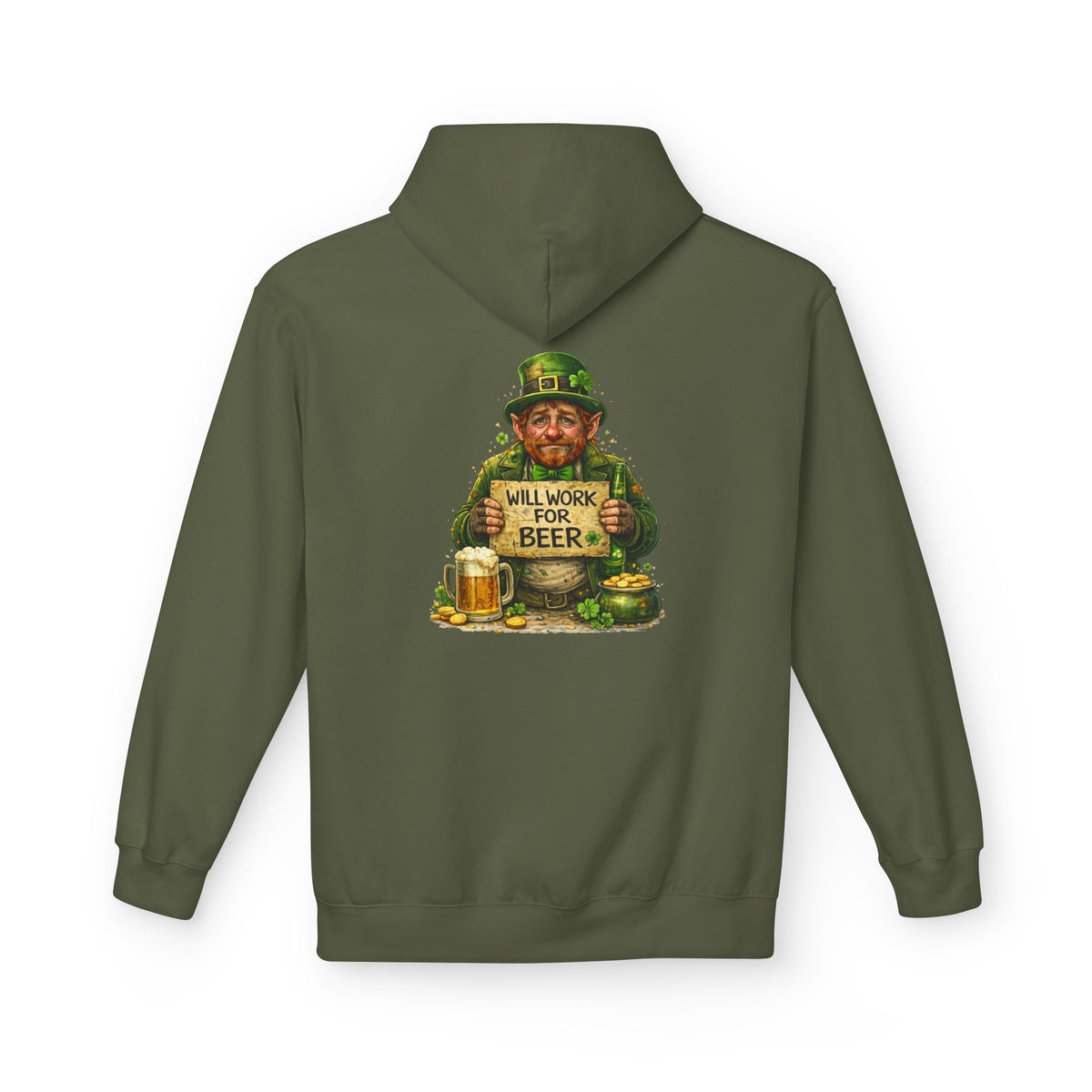 Will Work For Beer Hoodie | St. Patrick's Day Leprechaun Shamrock Design