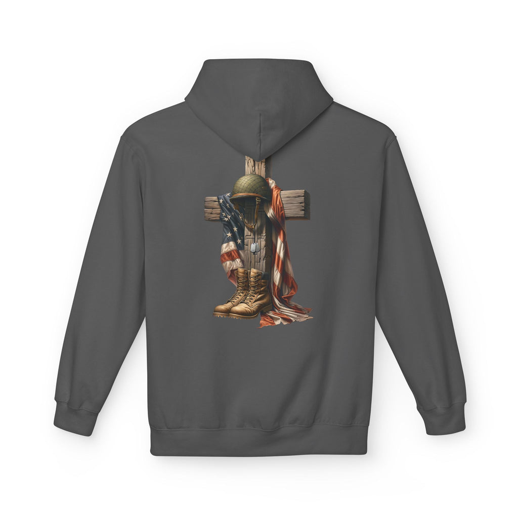 Military Memorial Cross Hoodie | Flag, Helmet & Boots Patriotic Design