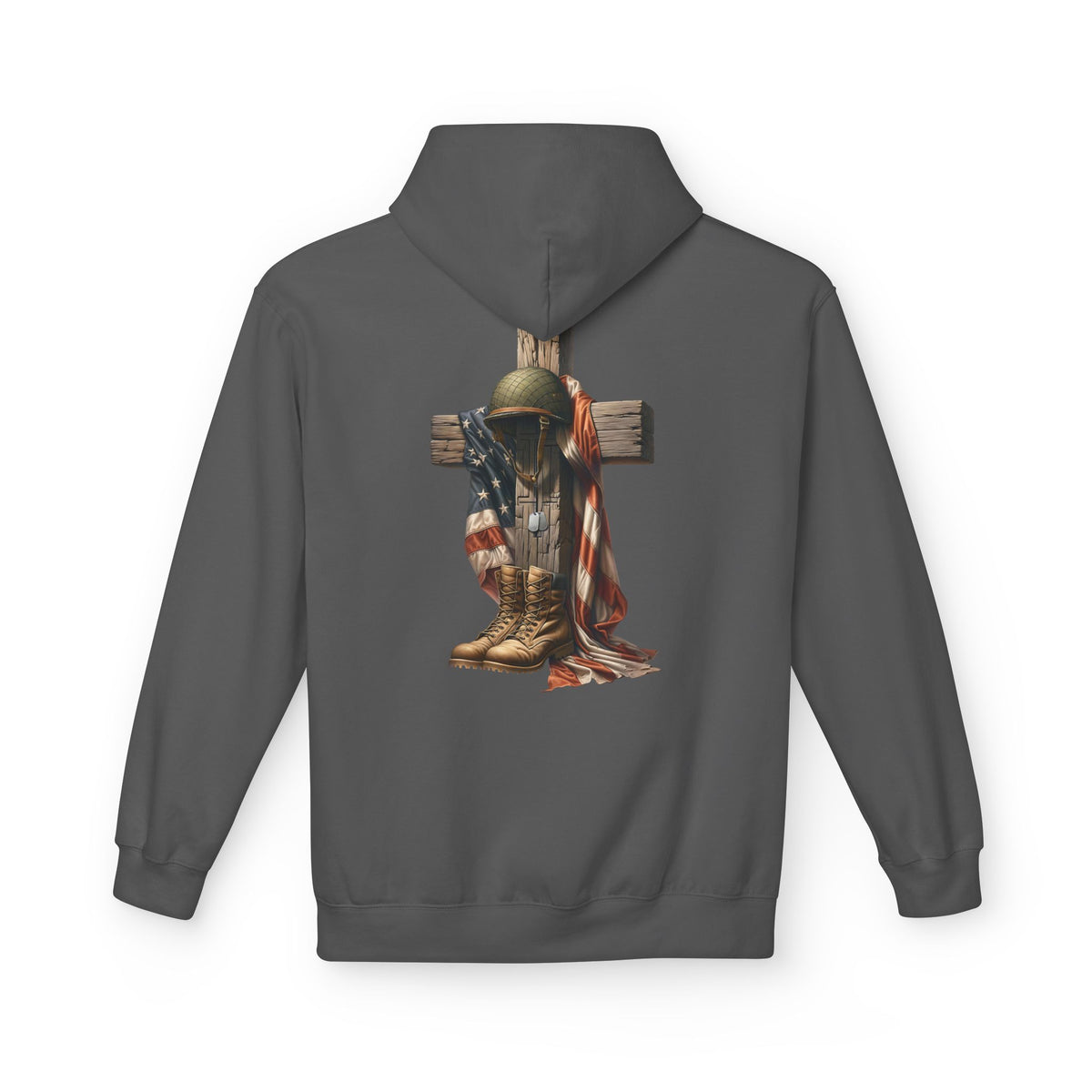 Military Memorial Cross Hoodie | Flag, Helmet & Boots Patriotic Design