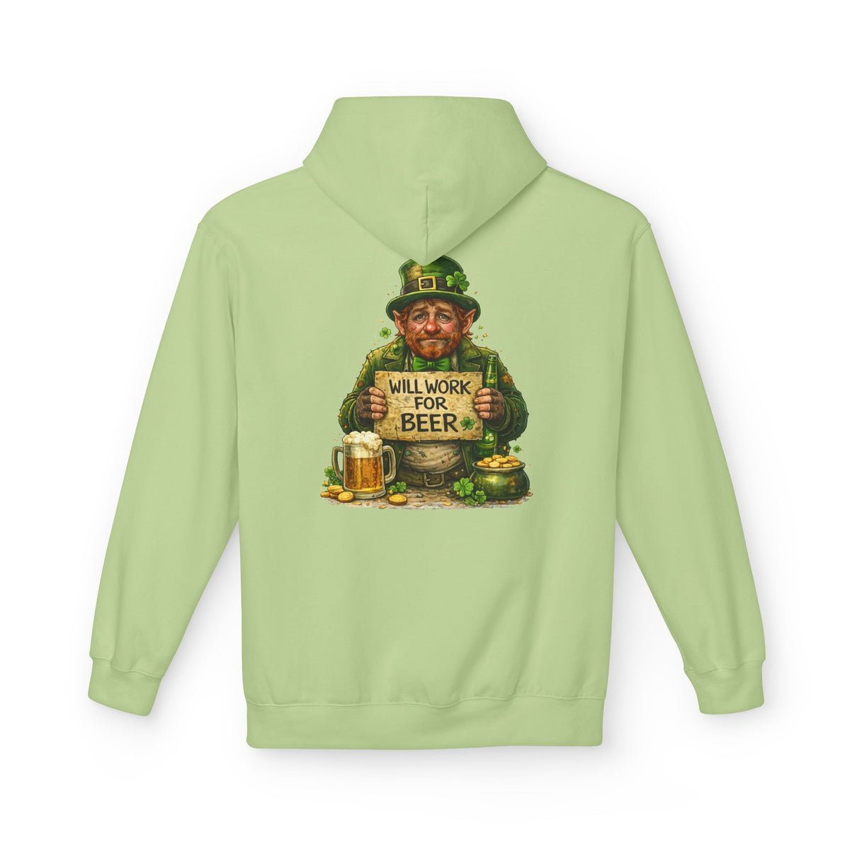 St. Patrick's Leprechaun Hoodie — "Will Work For Beer" Shamrock Graphic