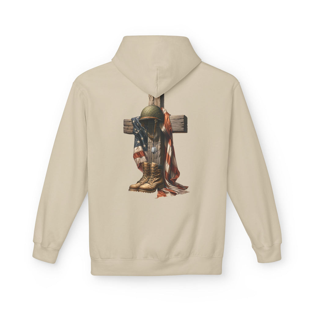 Military Memorial Cross Hoodie | Flag, Helmet & Boots Patriotic Design