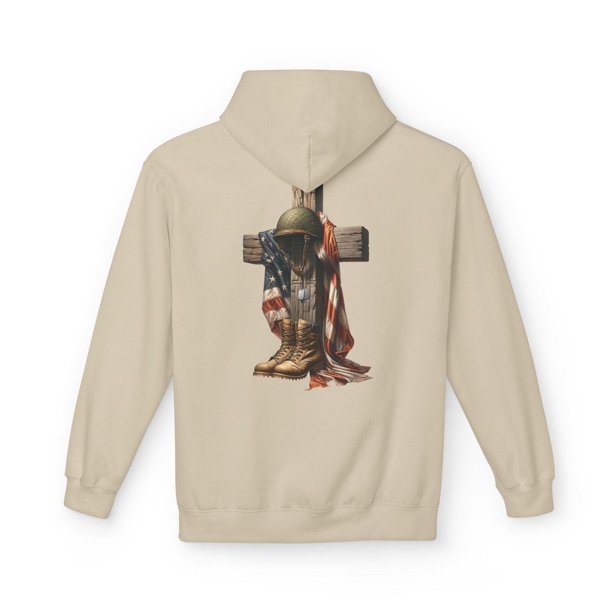 Military Memorial Cross Hoodie | Flag, Helmet & Boots Patriotic Design