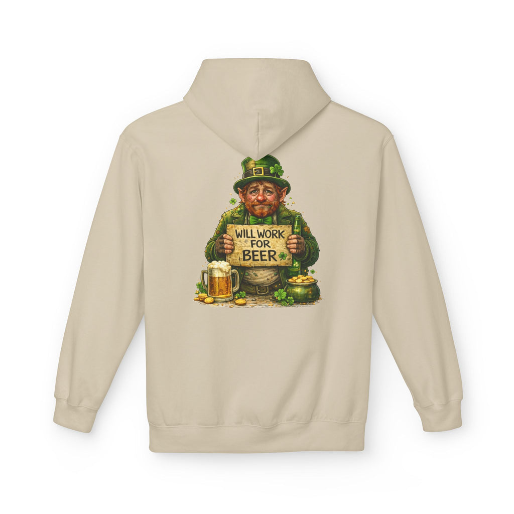 St. Patrick's Leprechaun Hoodie — "Will Work For Beer" Shamrock Graphic