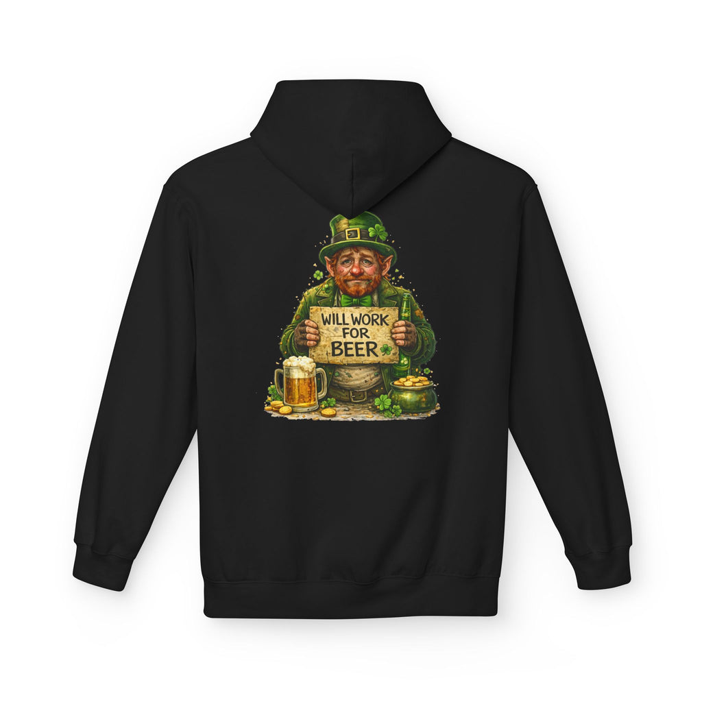 St. Patrick's Leprechaun Hoodie — "Will Work For Beer" Shamrock Graphic