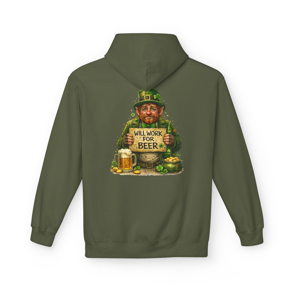 St. Patrick's Leprechaun Hoodie — "Will Work For Beer" Shamrock Graphic