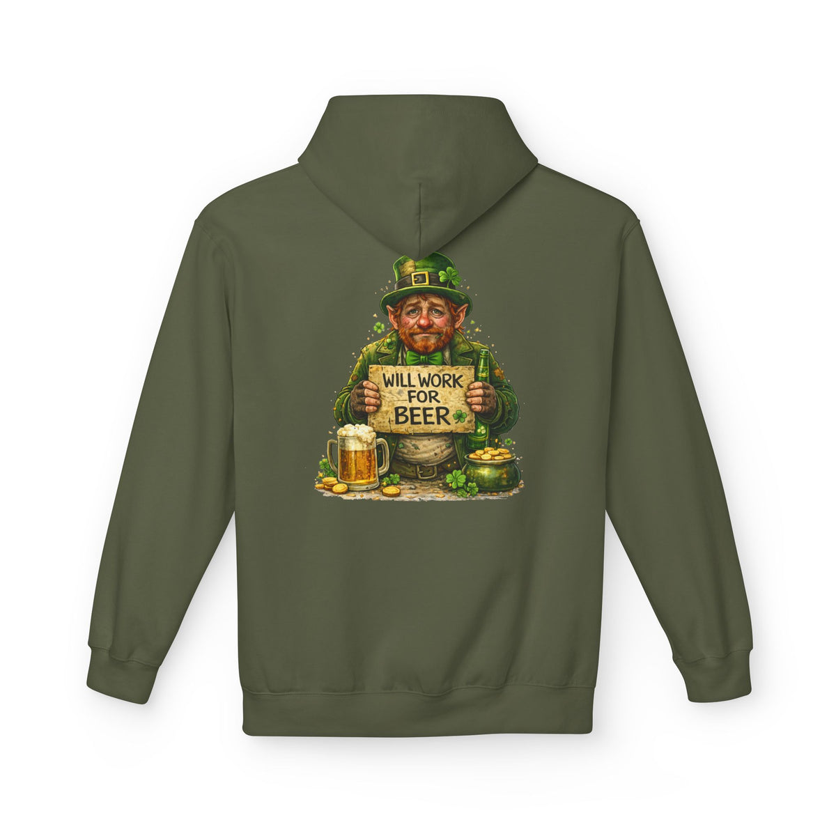 St. Patrick's Leprechaun Hoodie — "Will Work For Beer" Shamrock Graphic