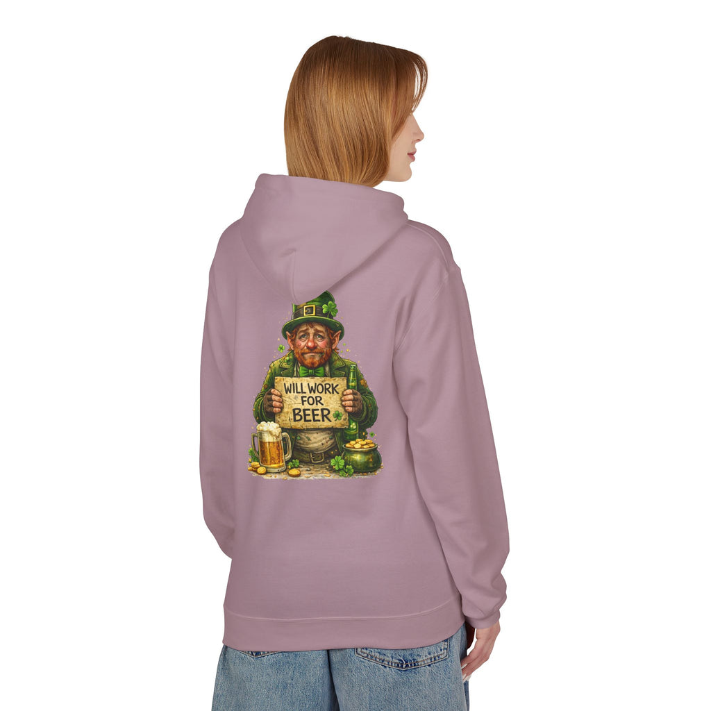 St. Patrick's Leprechaun Hoodie — "Will Work For Beer" Shamrock Graphic