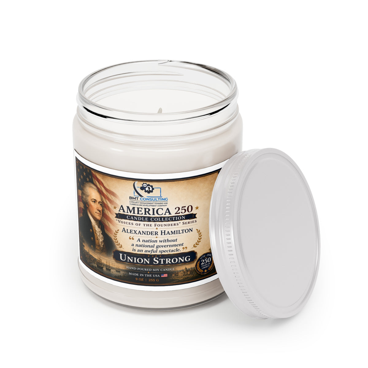 Alexander Hamilton Candle 9oz Soy Jar | Patriotic America 250 Union Strong