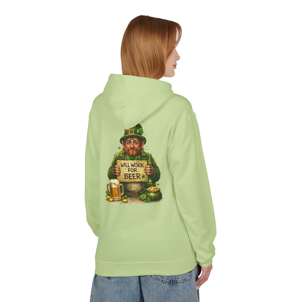 St. Patrick's Leprechaun Hoodie — "Will Work For Beer" Shamrock Graphic