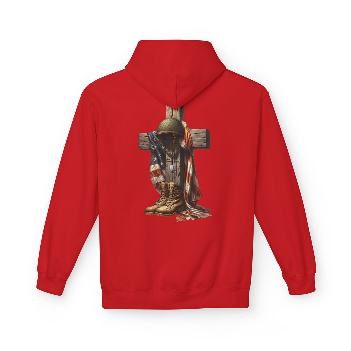 Military Memorial Cross Hoodie | Flag, Helmet & Boots Patriotic Design