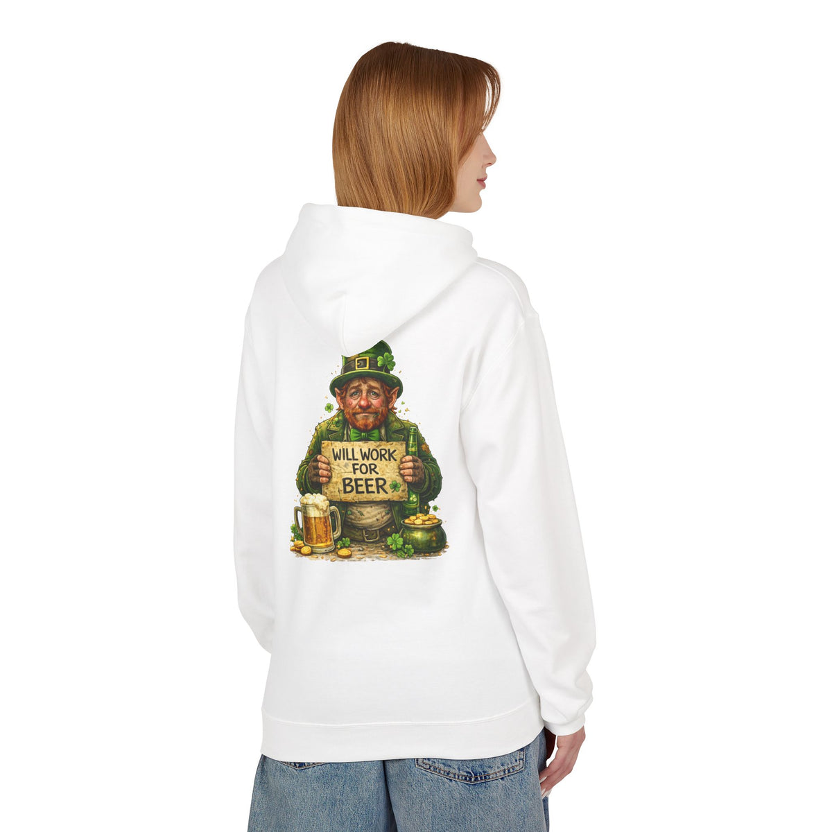 St. Patrick's Leprechaun Hoodie — "Will Work For Beer" Shamrock Graphic