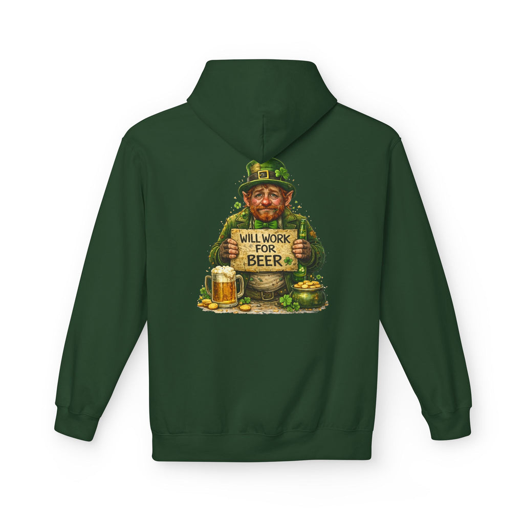 St. Patrick's Leprechaun Hoodie — "Will Work For Beer" Shamrock Graphic