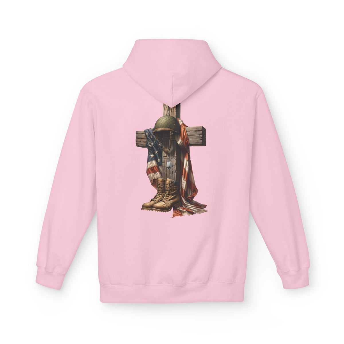 Military Memorial Cross Hoodie | Flag, Helmet & Boots Patriotic Design