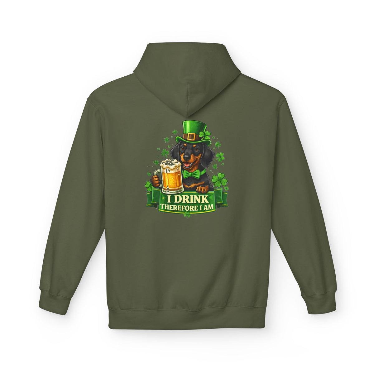 St. Patrick’s Dachshund Hoodie - “I Drink Therefore I Am” Beer Leprechaun Design