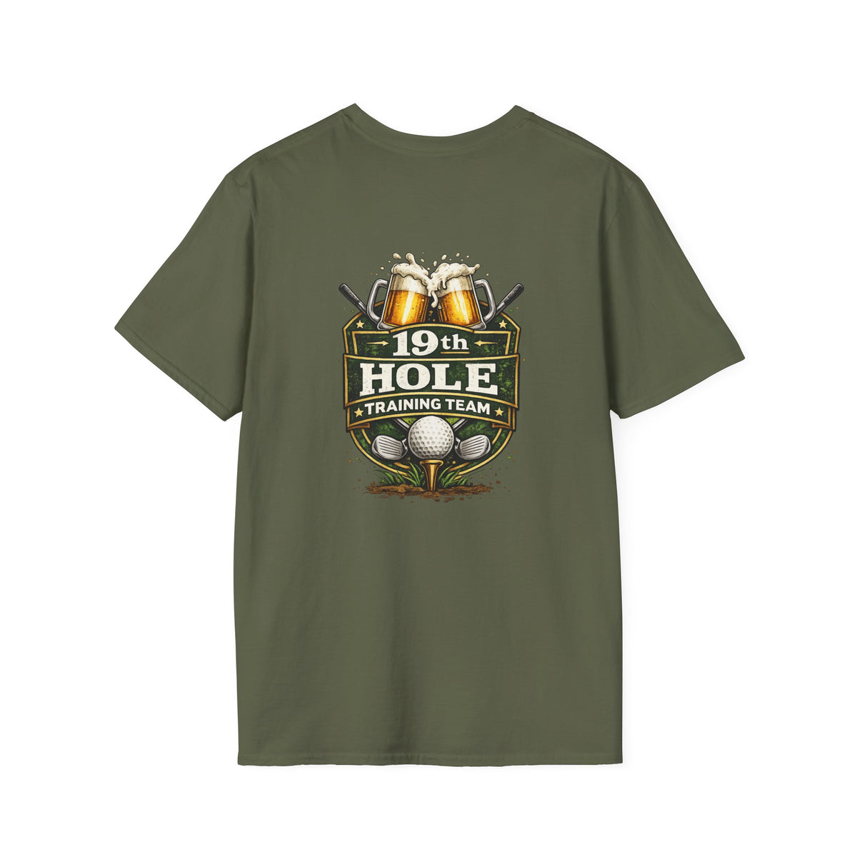 19th Hole Training Team T-Shirt | Golf Logo, Beer Cheers, Golf Ball & Clubs