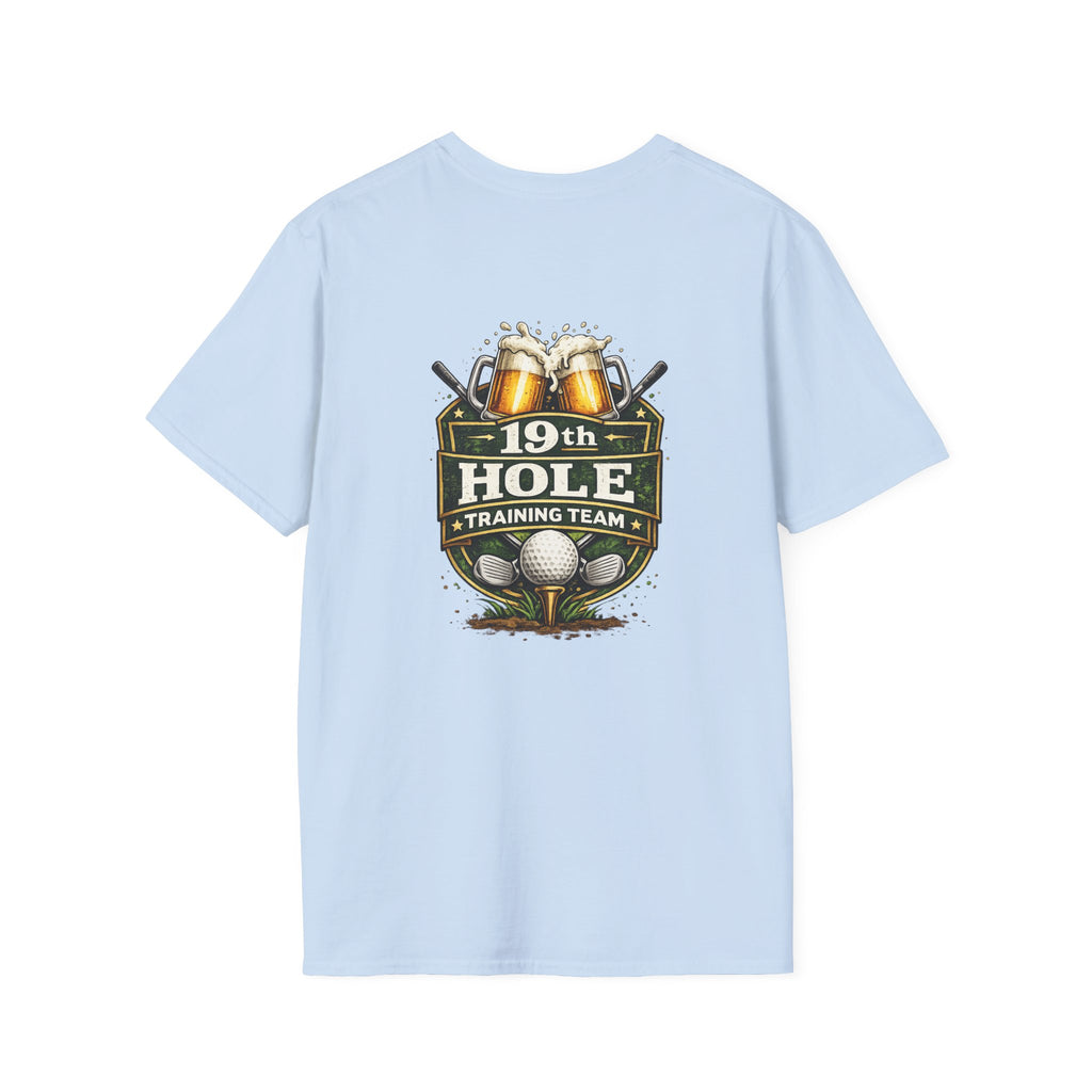 19th Hole Training Team T-Shirt | Golf Logo, Beer Cheers, Golf Ball & Clubs