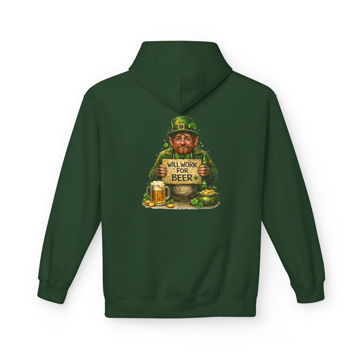 Will Work For Beer Hoodie | St. Patrick's Day Leprechaun Shamrock Design