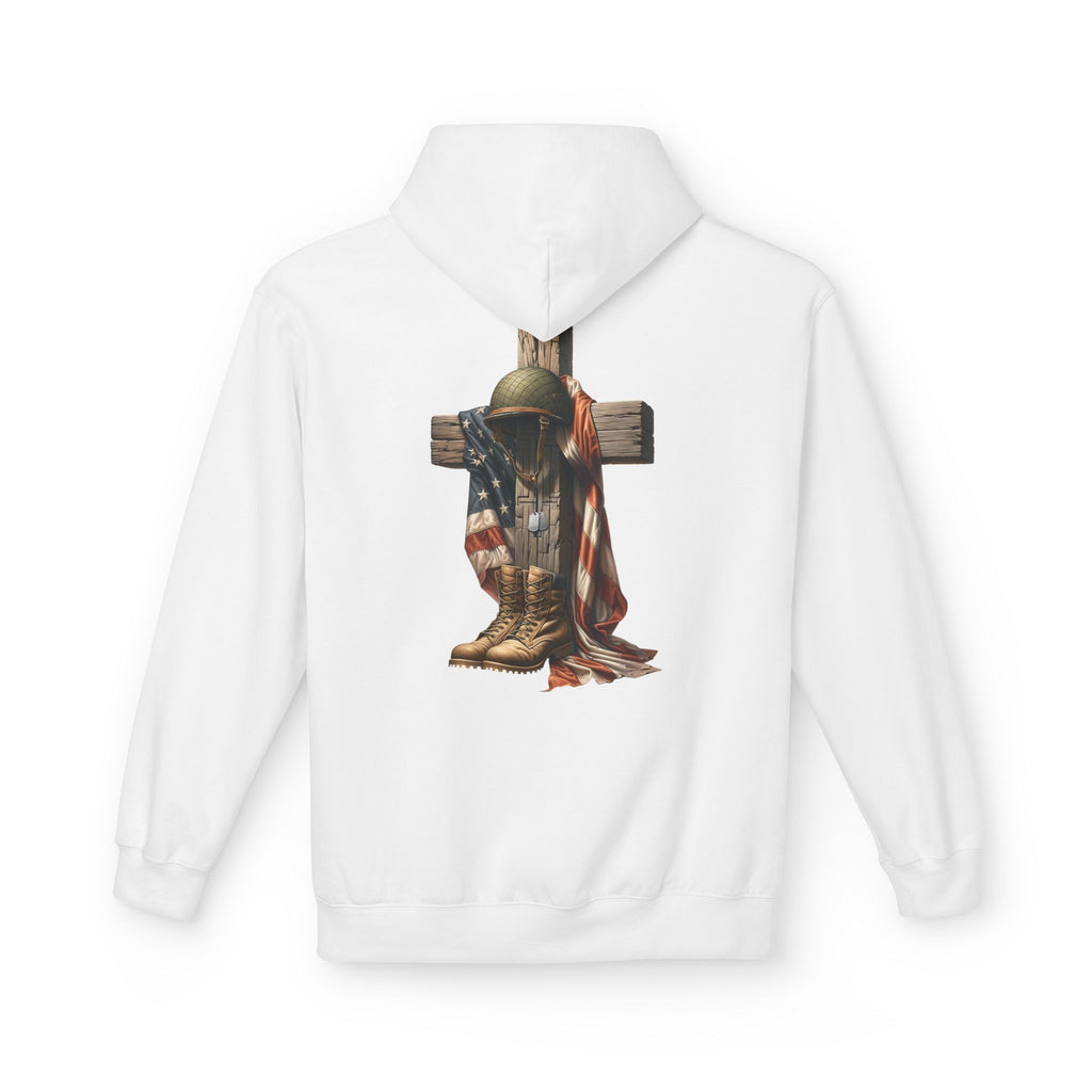 Military Memorial Cross Hoodie | Flag, Helmet & Boots Patriotic Design
