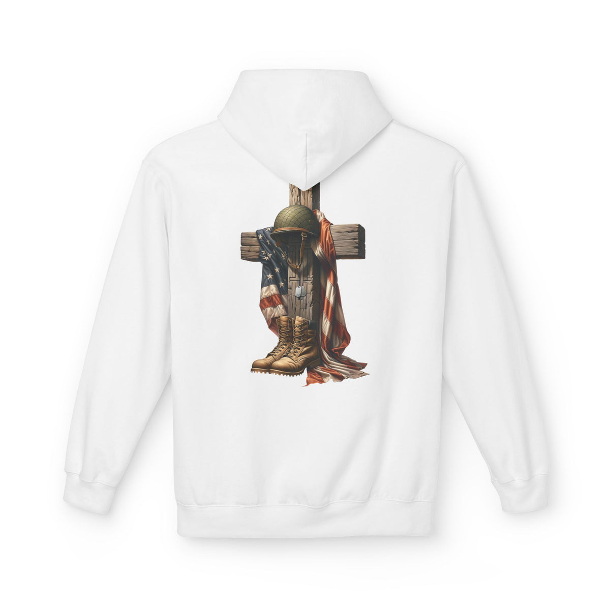Military Memorial Cross Hoodie | Flag, Helmet & Boots Patriotic Design