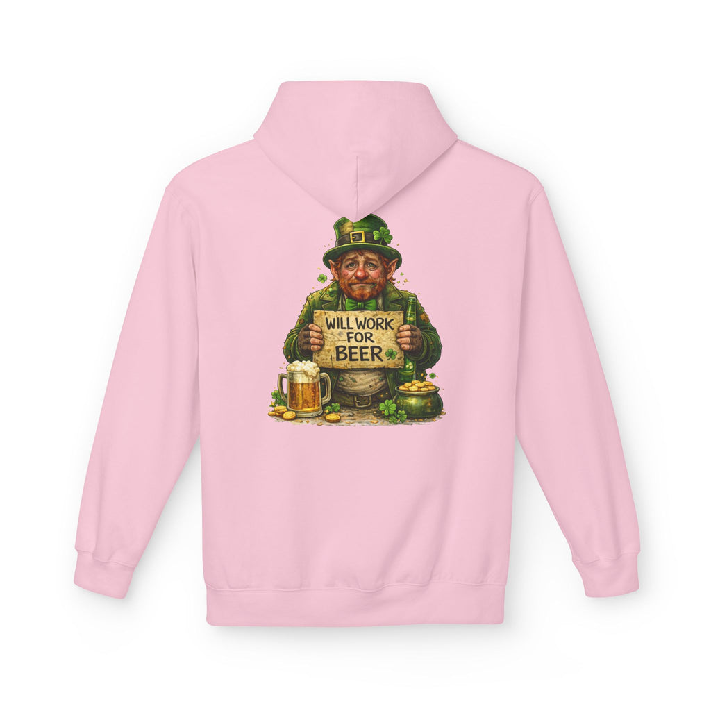St. Patrick's Leprechaun Hoodie — "Will Work For Beer" Shamrock Graphic