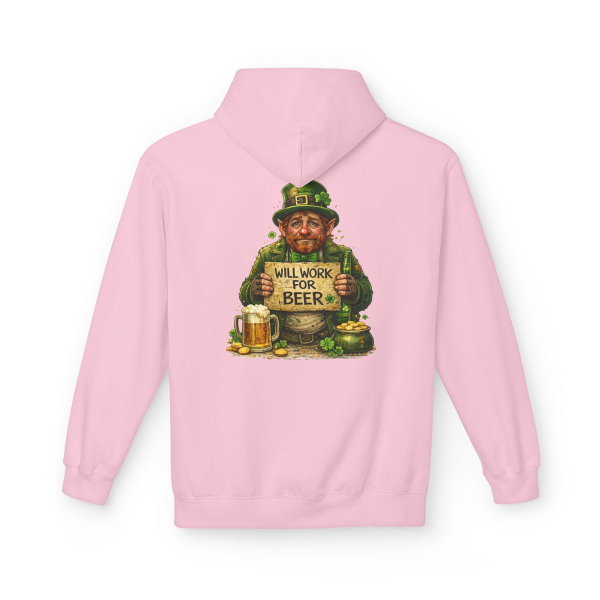 St. Patrick's Leprechaun Hoodie — "Will Work For Beer" Shamrock Graphic