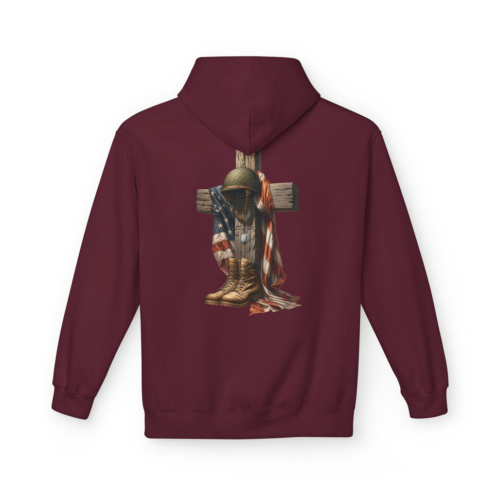 Military Memorial Cross Hoodie | Flag, Helmet & Boots Patriotic Design