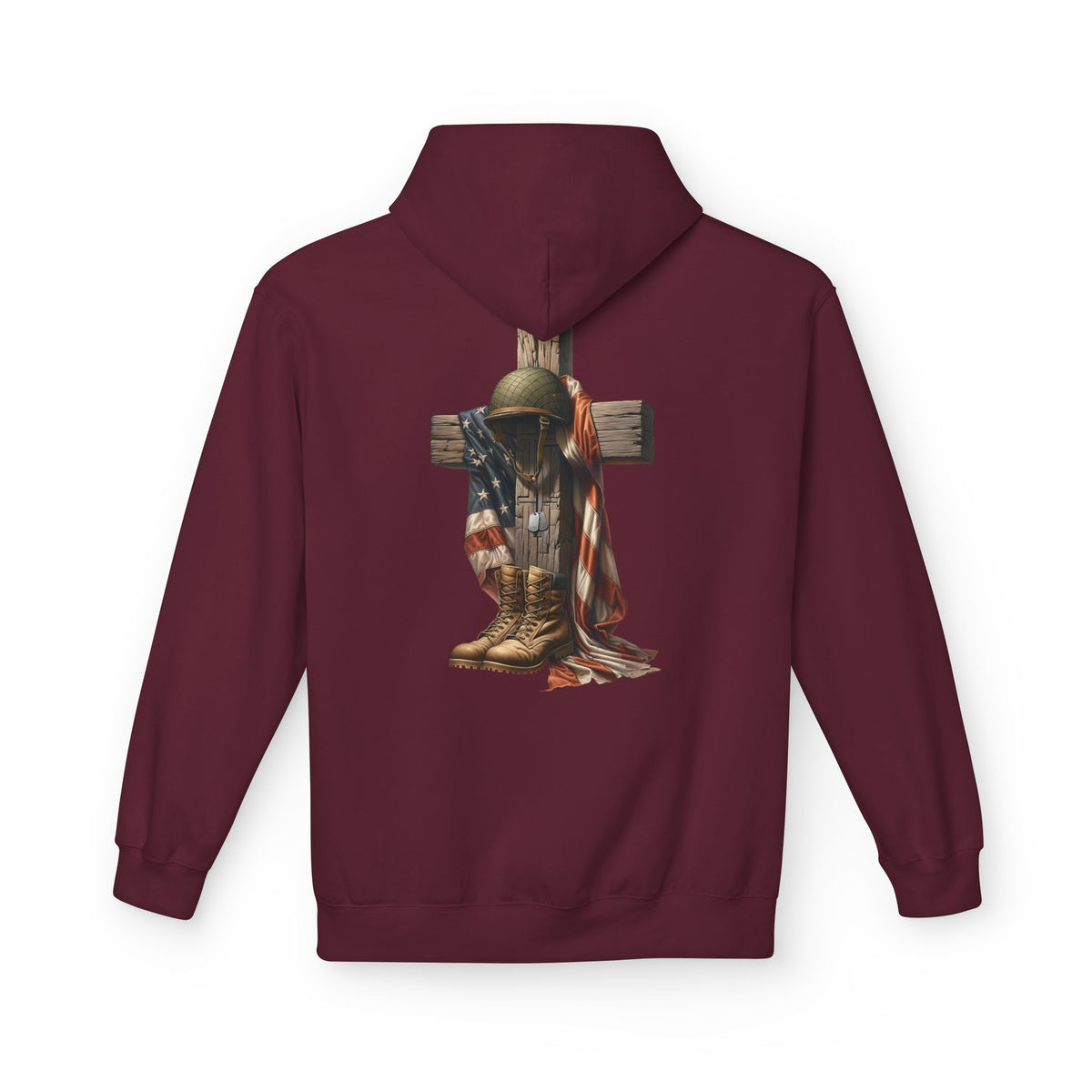 Military Memorial Cross Hoodie | Flag, Helmet & Boots Patriotic Design