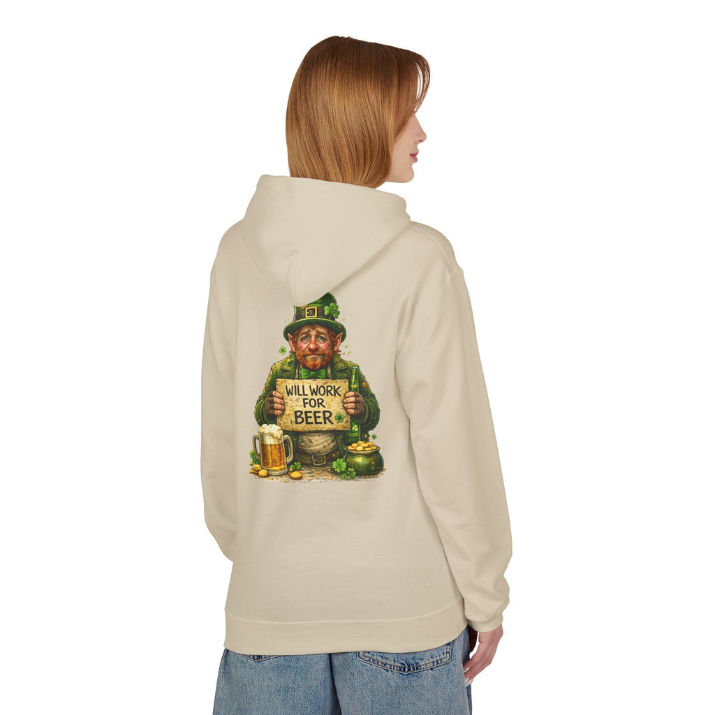 St. Patrick's Leprechaun Hoodie — "Will Work For Beer" Shamrock Graphic