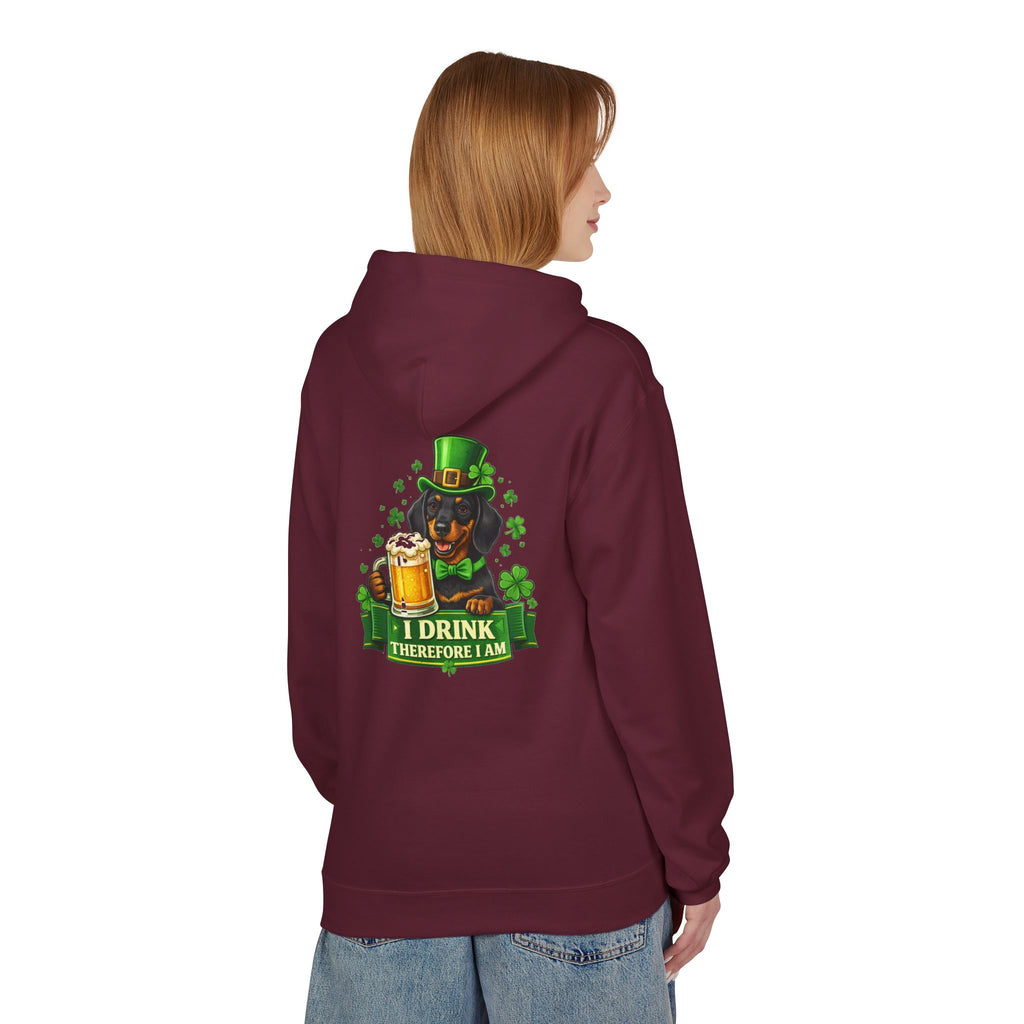 St. Patrick’s Dachshund Hoodie - “I Drink Therefore I Am” Beer Leprechaun Design