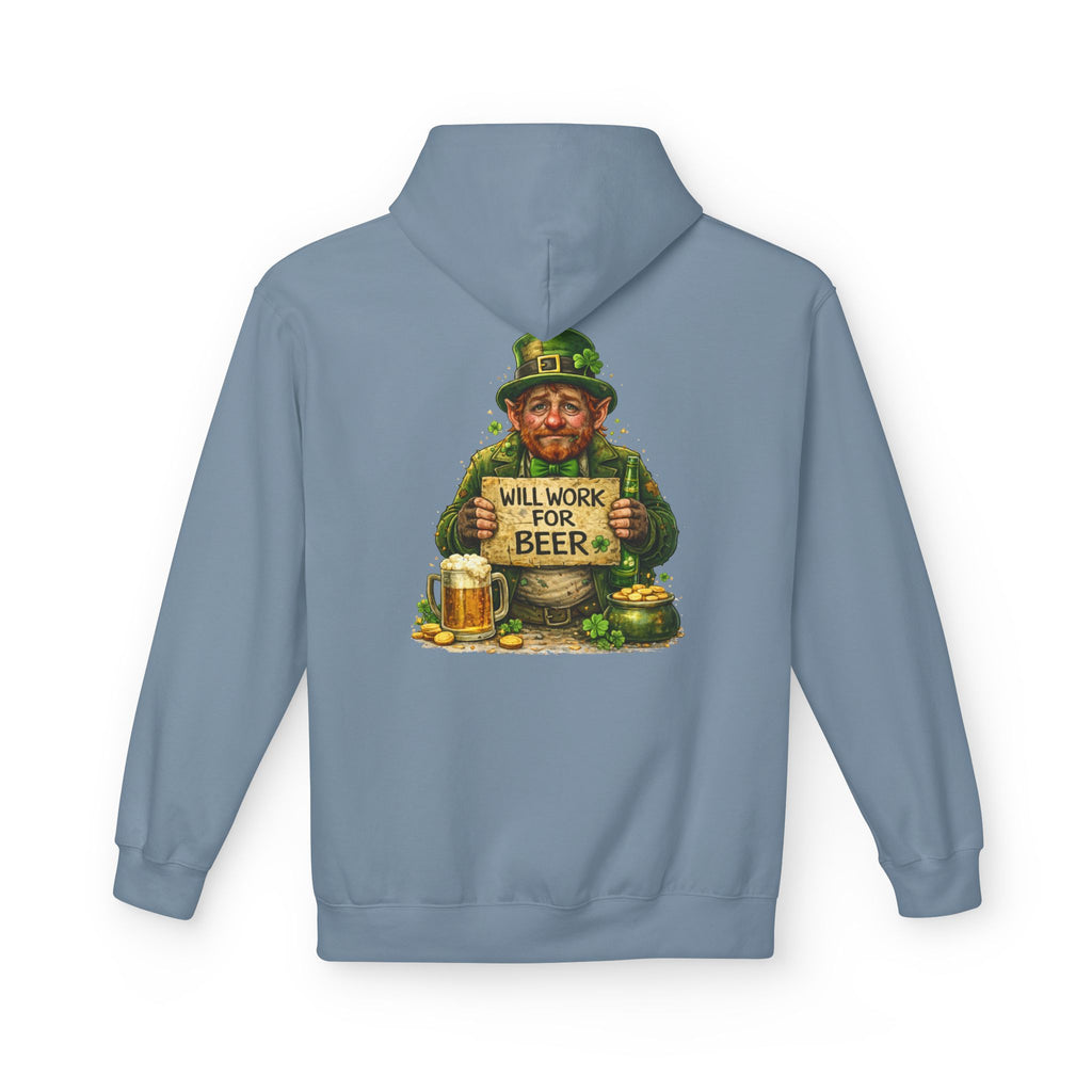 St. Patrick's Leprechaun Hoodie — "Will Work For Beer" Shamrock Graphic