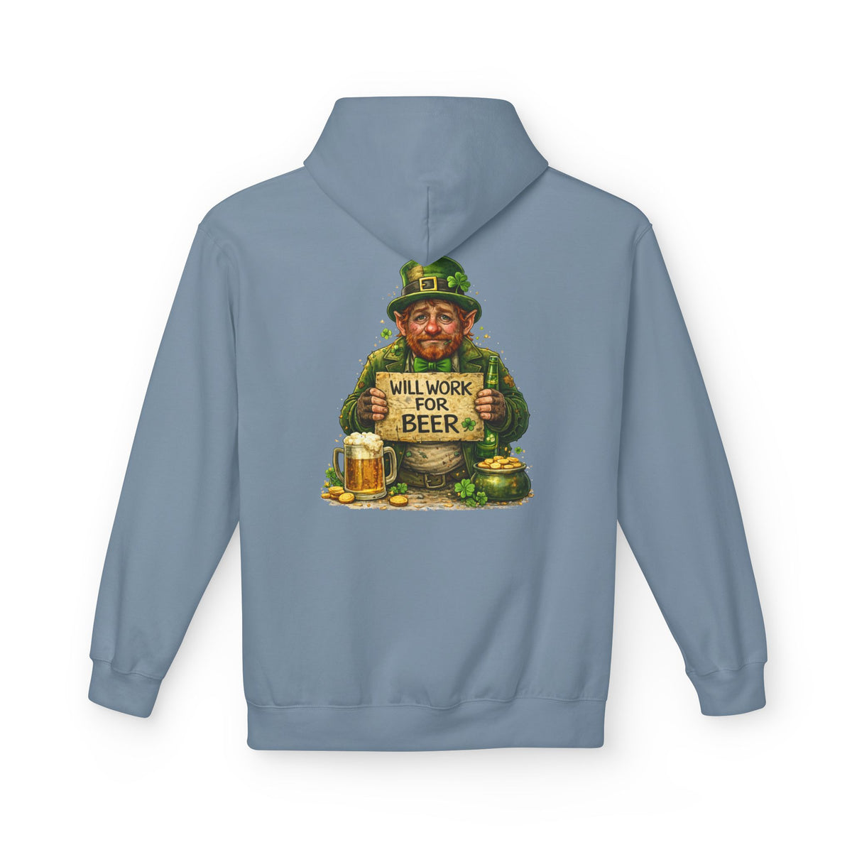 St. Patrick's Leprechaun Hoodie — "Will Work For Beer" Shamrock Graphic