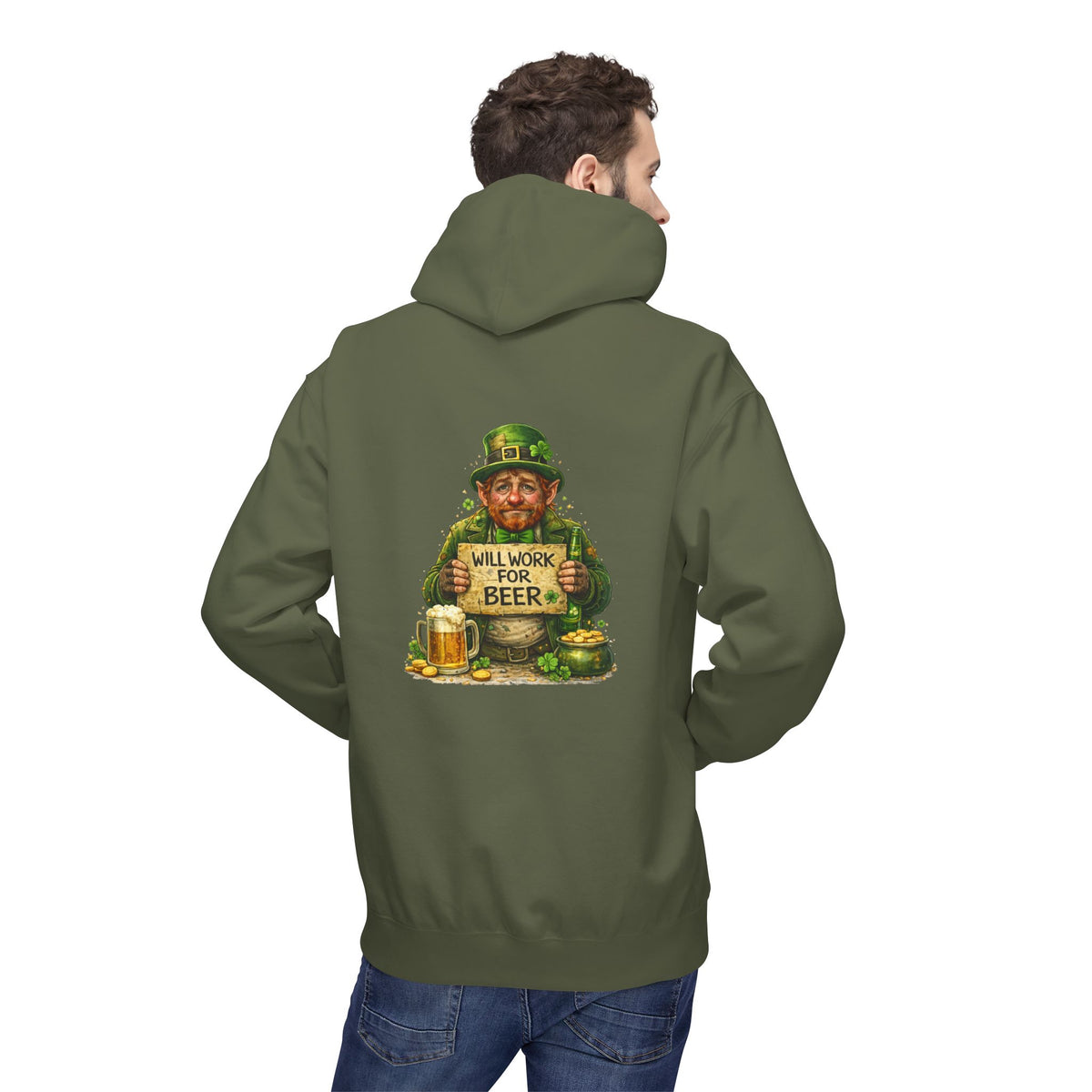 Will Work For Beer Hoodie | St. Patrick's Day Leprechaun Shamrock Design