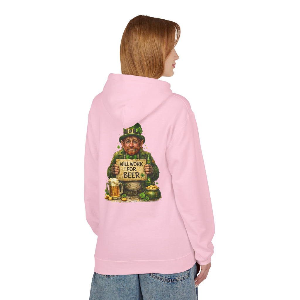 St. Patrick's Leprechaun Hoodie — "Will Work For Beer" Shamrock Graphic