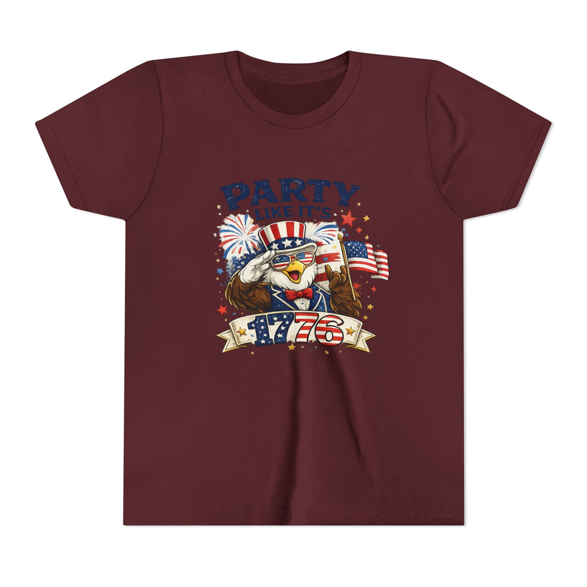 Party Like It's 1776 Youth Tee | Bald Eagle, American Flag, Fireworks