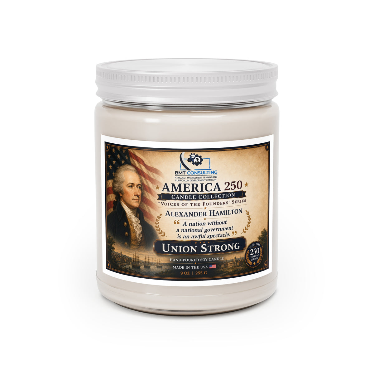 Alexander Hamilton Candle 9oz Soy Jar | Patriotic America 250 Union Strong